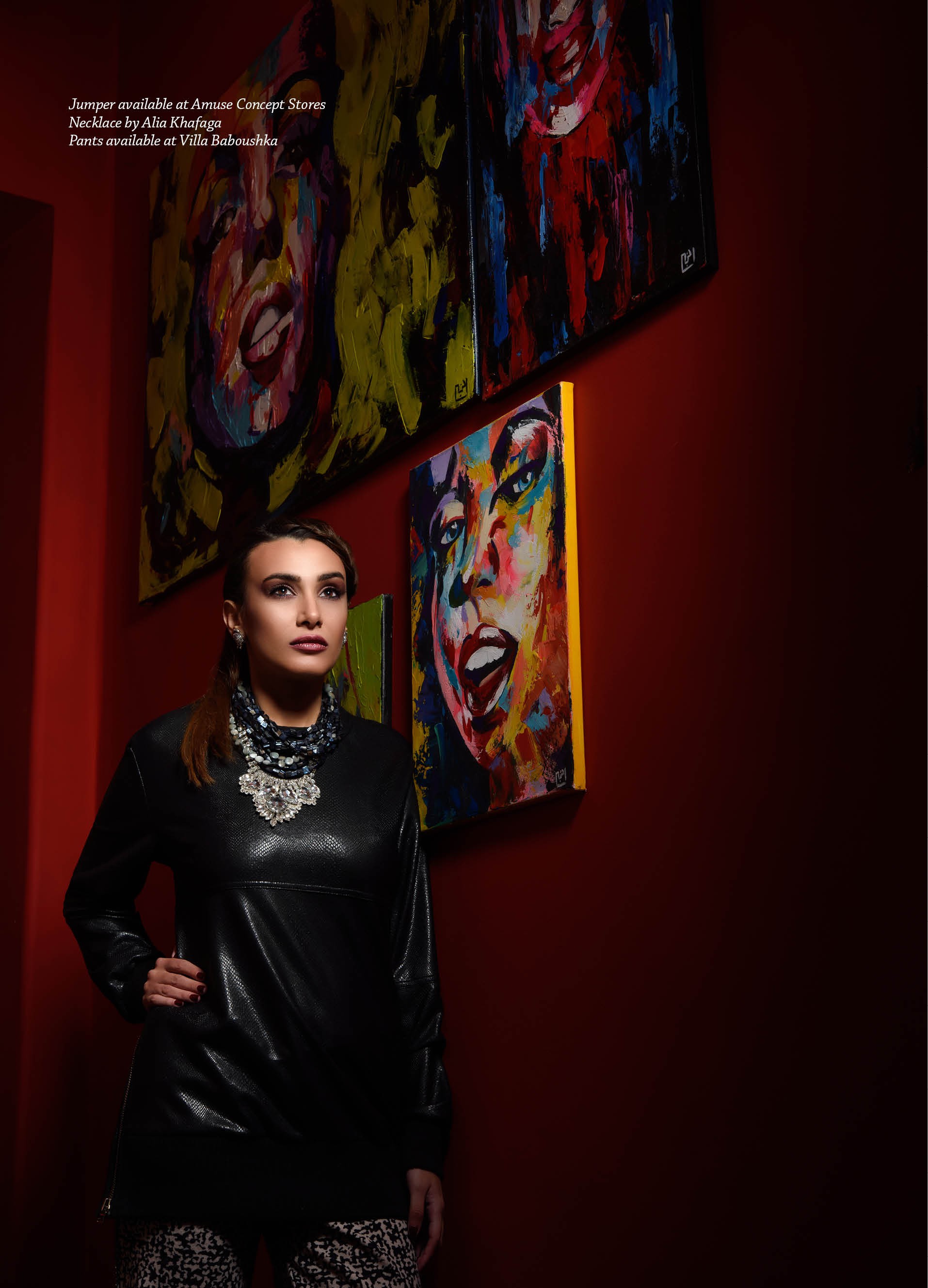 Jumper available at Amuse Concept Stores, necklace by Alia Khafaga and pants available at Villa Baboushka