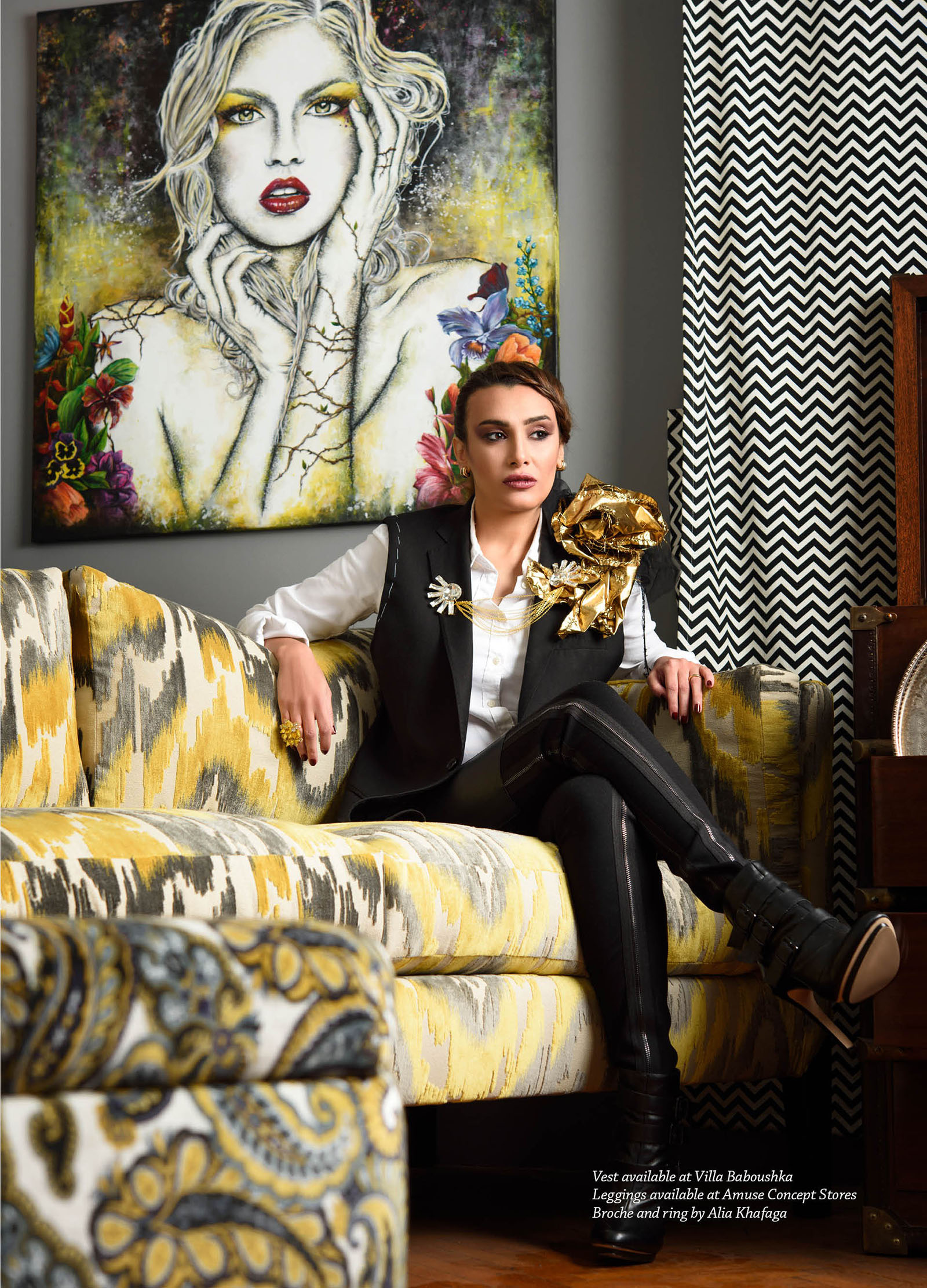 Vest available at Villa Baboushka, leggings available at Amuse Concept Stores and broche and ring by Alia Khafaga 